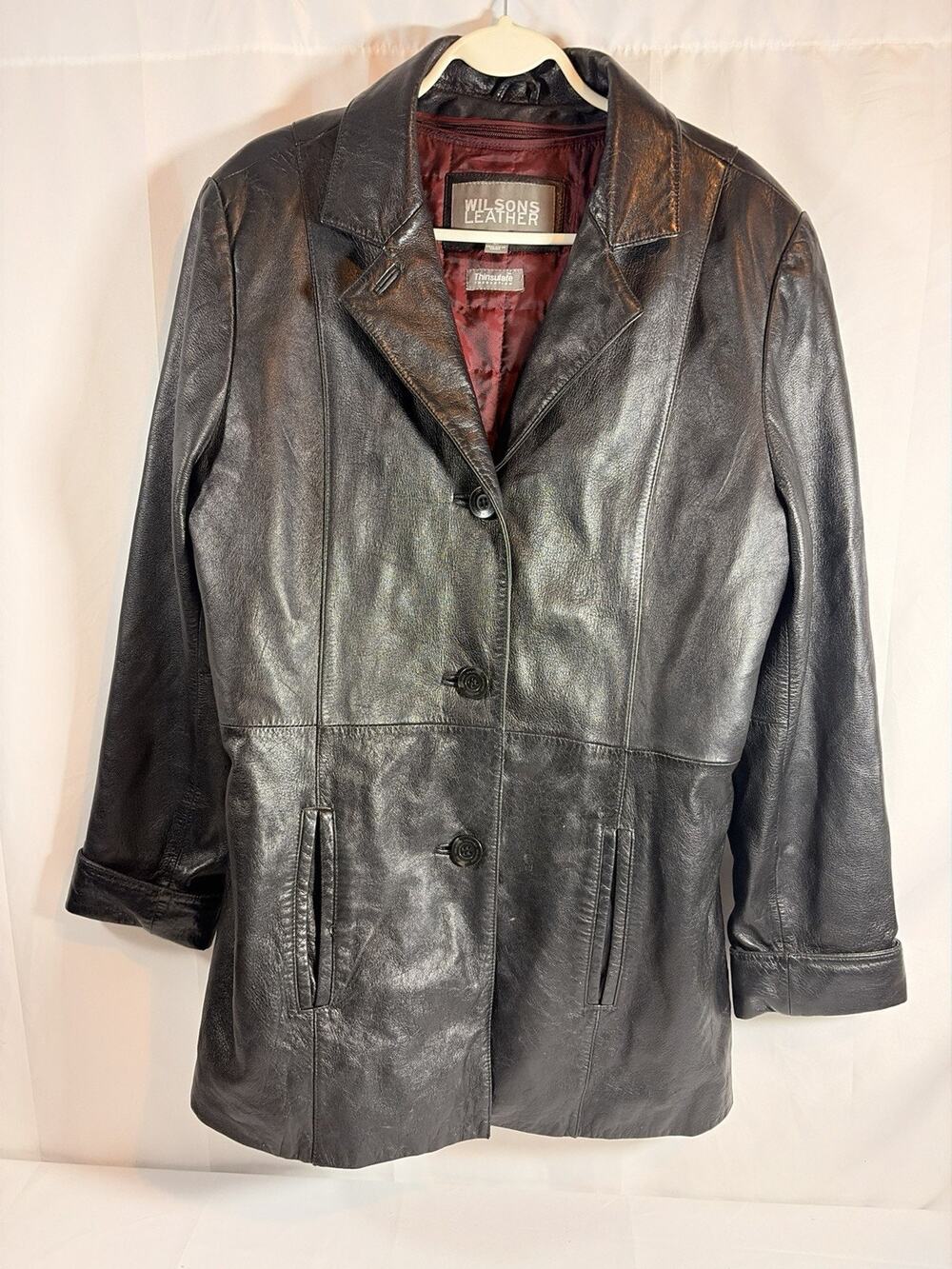 Vintage Wilsons Leather Jacket Womens Large Black Thinsulate Button Front Coat